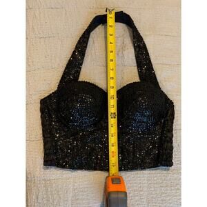 Ultra Beaded Sequin‎ Crop Top Bralette Sz M Black Corset  Bustier Handmade Bali
